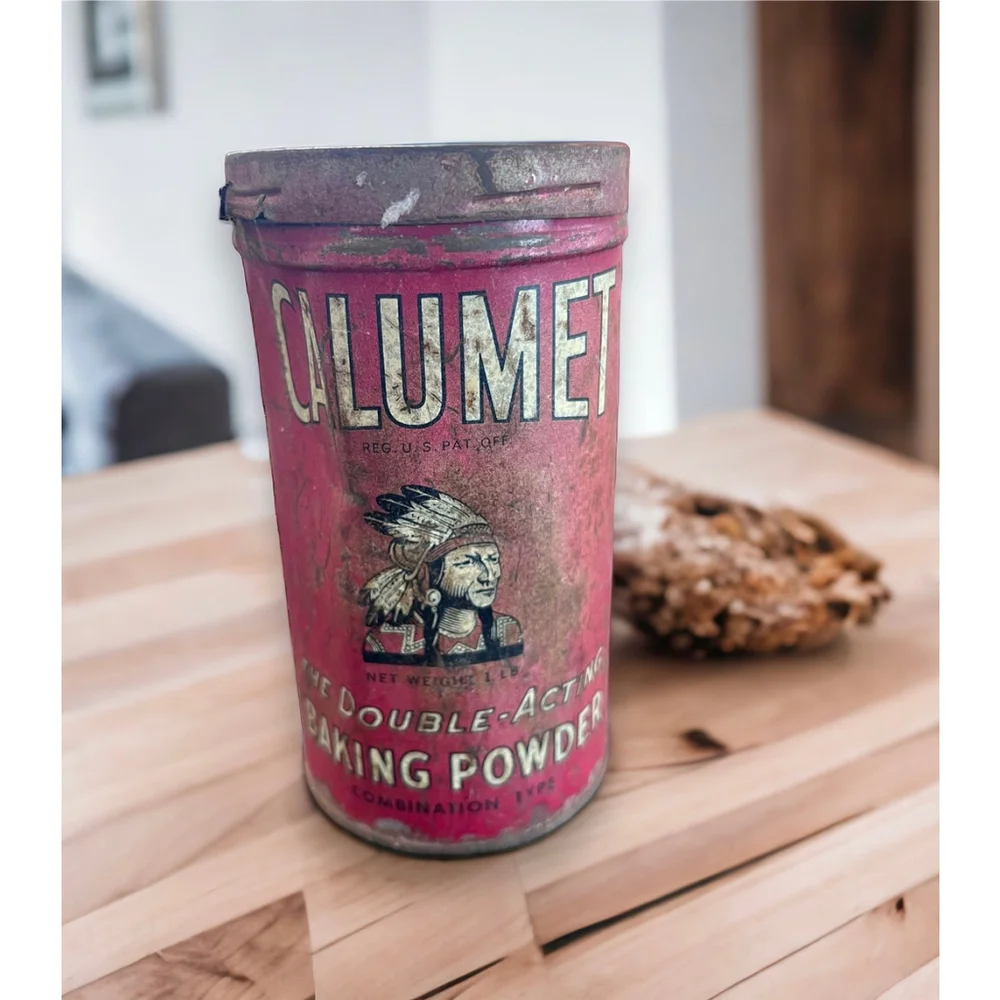 Rare Tin Antique Chippy Advertising Calumet Baking Powder Chippy Red Aged Patina